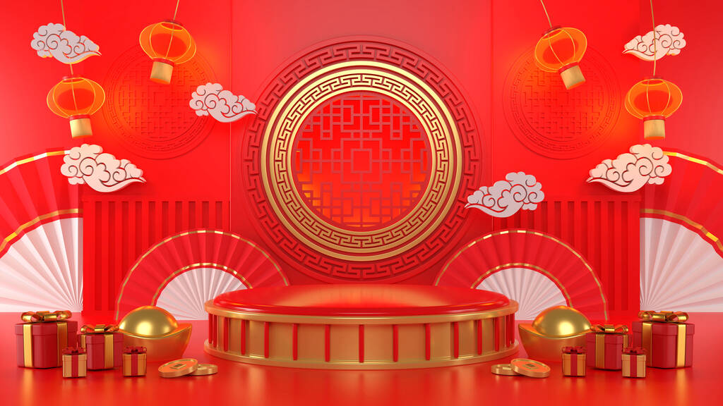 3D渲染。中国的新年。带有几何图形的中国风格背景.
